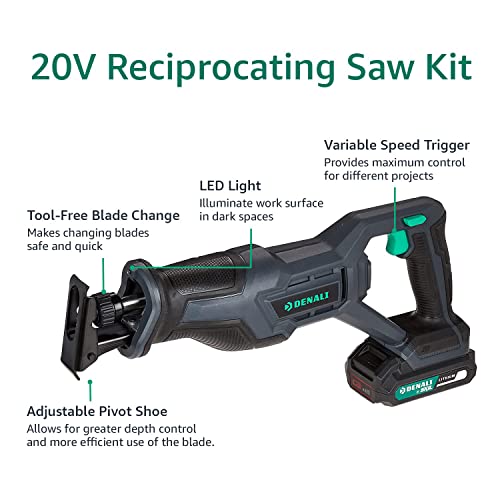Amazon Brand - Denali by SKIL 20V Cordless Drill, Reciprocating & Circular Saw, Work Light With (2) 2.0Ah Lithium Batteries, 2.4A Charger & Carry Bag