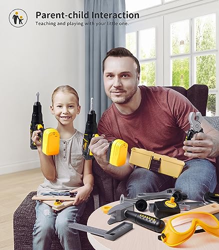 Geyiie Toy Tool Set with Power Drill, Pretend Play Kids Tool Set, Goggles, Preschool STEM Toys Outdoor Tool Kit Party Birthday Gift for Toddler Boys Girls Age 3 4 5 6 7 8
