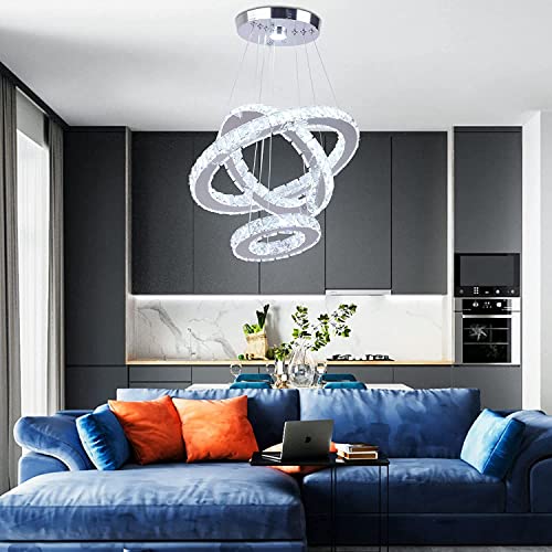 Modern LED Crystal Chandeliers 3 Ring Round Pendant Lighting Fixtures DIY Stainless Steel Ceiling Lamp Hanging Lights for Living Room Dining Room Bedroom Kitchen (Changeable Light)