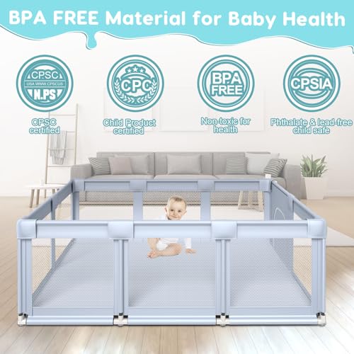 Fshibila 74" ×50" Large Baby Playpen, Baby Playard for Babies and Toddlers, Baby Fence Play Pens for Indoor & Outdoor, Sturdy Safety Play Yard with Soft Breathable Mesh, Anti-Fall, Grey
