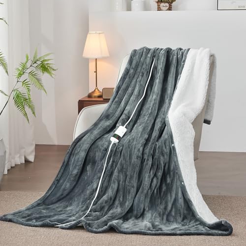 Electric Heated Blanket Heating Throw 50"x 60",Thick Soft Warming Plush Electric Lap Sherpa Blanket for Adults with 5-Position Timer &10 Heating Levels,Machine Washable(Grey)