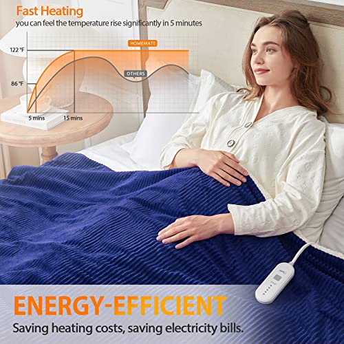Homemate Heated Blanket Electric Throw - 50"x60" Heating Blanket Throw 1/2/4/6/8 Hours Auto-Off 10 Heat Levels Heat Blanket Over-Heat Protection Soft Flannel Sherpa Heater Blanket ETL Certification