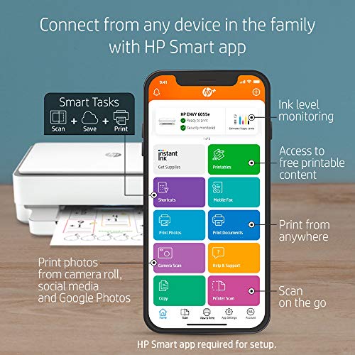 HP ENVY 6055e All-in-One Wireless Color Printer, with bonus 6 months free Instant Ink (223N1A), white