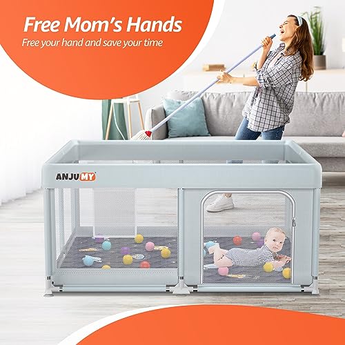 ANJUMY Baby Playpen with Mat Included 50x50 playpen for Babies and Toddlers,Indoor & Outdoor Activity Center,Kids Playpen with Gate,Safety Baby Fence Play Area with 50pcs Ocean Balls,Breathable Mesh