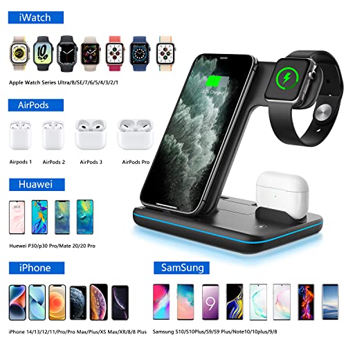 WAITIEE Wireless Charger 3 in 1,15W Fast Charging Station for Apple Watch 7/6/5/4/3/2/1,for AirPods Pro,for iPhone14/13 Pro/Pro Max/12/11/X/Xr,for Samsung Galaxy Phone Series (No Watch Charging Cable)