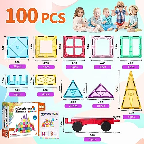 SUNHE YHK 100Pcs Magnetic Tiles Kids Toys STEM Magnet Toys for Toddler Montessori Magnetic Blocks Building Toys Preschool Learning Sensory Creativity Toys for 3+ Year Old Boys and Girls