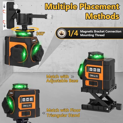 OMMO Laser Level, 12 Lines Green Laser Level 360 Self-leveling, 3x360° 3D Green Cross Line Laser Swivel Level with Rotatable Laser Window Battery and Remote Control