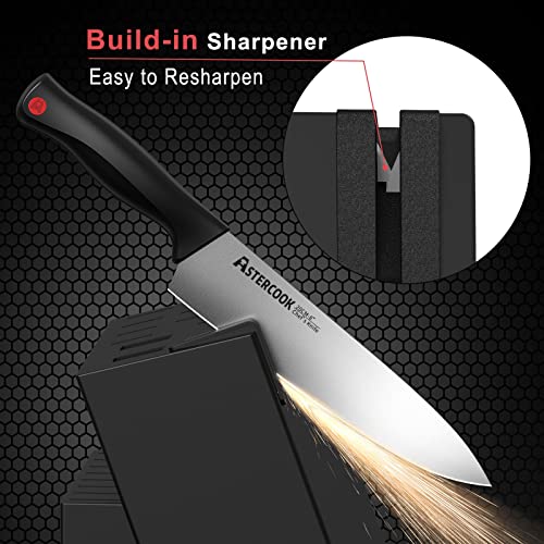Knife Set, Astercook 21 Pieces Knife Sets for Kitchen with Block, Dishwasher Safe Santoku Knives with Built-in Sharpener, Black