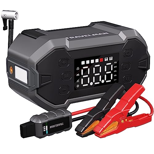 TRAVELMAN T1 Jump Starter with Air Compressor, 150PSI 2000A Car Battery Starter (8.0L Gas/6.5L Diesel) with Digital Tire Inflator, 12V Lithium Battery Booster Jump Box Pack Air Pump