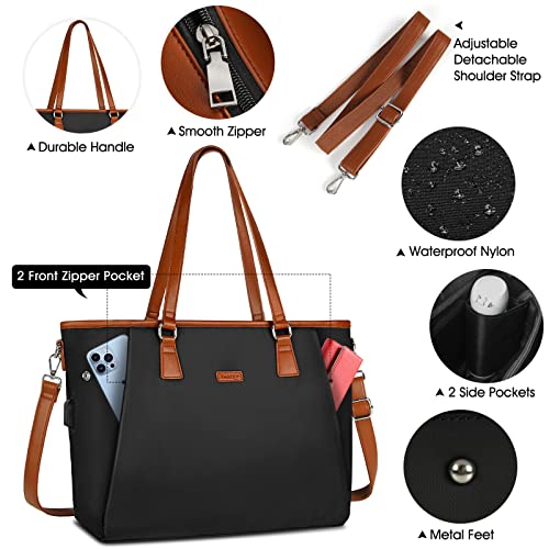 Laptop Bag for Women 15.6 Inch USB Teacher Bag Work Tote Bag Large Work Bags Waterproof Nylon Computer Tote Bag Lightweight Office Briefcase Shoulder Handbag Purse Black