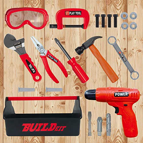 JOYIN 19Pcs Kids Tool Set, Pretend Play Toddler Power Toy Tool with Construction Tool Box & Electronic Toy Drill for for Boy Girl Halloween Birthday Dress Up Party