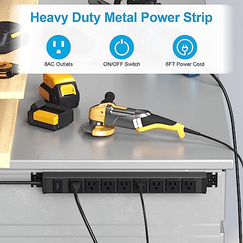 HHSOET Metal 360° Rotating Mountable Power Strip, 8 Outlet Gaming Table Mounted Outlet Strip, Heavy Duty Wall Mount Surge Protector with Switch, 15A 125V 1875W, 6ft Power Cord.(Black)