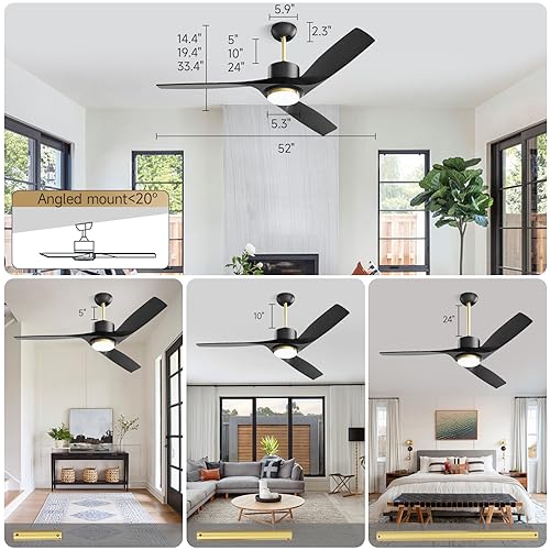 52 Inch Black Ceiling Fans with Lights Remote Control, Modern Large Outdoor Ceiling Fan with Dimmable LED Light, Reversible DC Motor, High CFM Outdoor Solid Wood Ceiling Fans for Patios Gazebo Bedroom