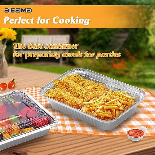 BIEAMA 50 Pack 8x5.5 Disposable Takeout Pans with Clear Lids, Disposable Baking Pans for Food To Go, Take Out, Foil Pans with Plastic Lids for Spill Resistance