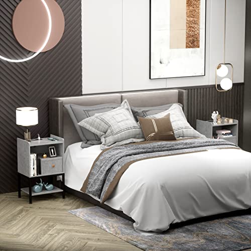 Gannyfer Nightstand with Charging Station, Night Stand with USB Ports and Storage Drawer, Modern 3-Tier End Side Table, Small Wood Bedside Table for Bedroom,Living Room,Grey