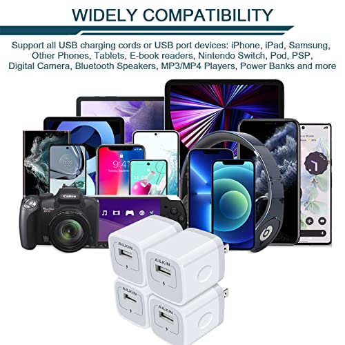 iPhone Charger Box, USB Block, 4 Pack Single USB Port Power Adapter for Apple iPhone, Samsung Galaxy, Google Pixel, USB Cube Wall Plug USB Outlet Multi Travel USB Ac Cargador Charging Blocks 1a White