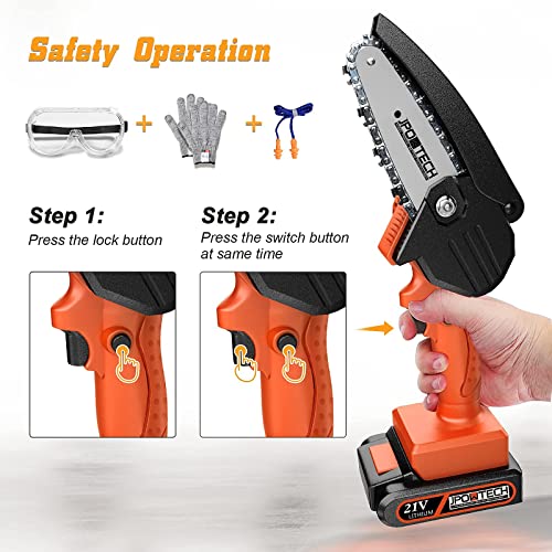 JPOWTECH Mini Chainsaw, Upgraded 4 Inch Cordless Small Chain Saw with 3Pcs Chains & 2Pcs 21V Rechargeable Batteries Portable One Hand Electric Chainsaw for Branch Pruning Tree Trimming Wood Cutting