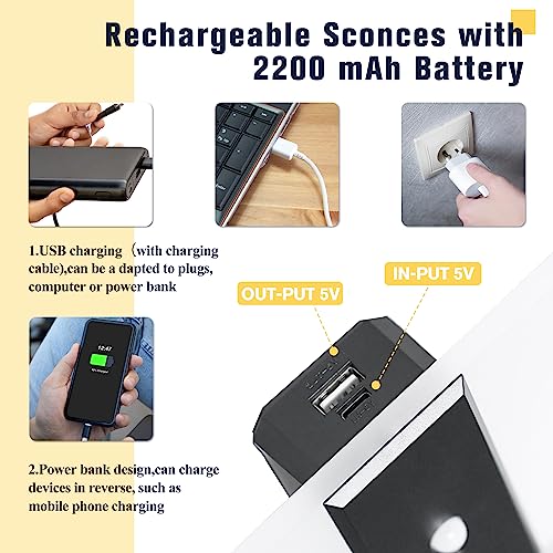 Battery Operated Wall Sconces Set of Two, Wireless Motion Sensor Wall Lights, Rechargeable Lamp Sconce Wall Lighting with 2-Mode for Hallway Stairway Bedroom Basement Living Room, LBD025-LED-BK2