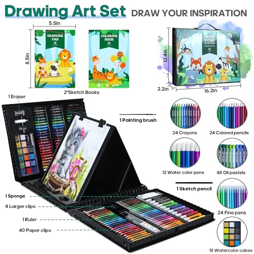 Art Supplies Kit, 276 PCS Art Set for Kids, Art Kits, Art Drawing Kit with Double Sided Trifold Easel Box with Oil Pastels, Crayons, Colored Pencils, Paint Brush, Watercolor Cakes