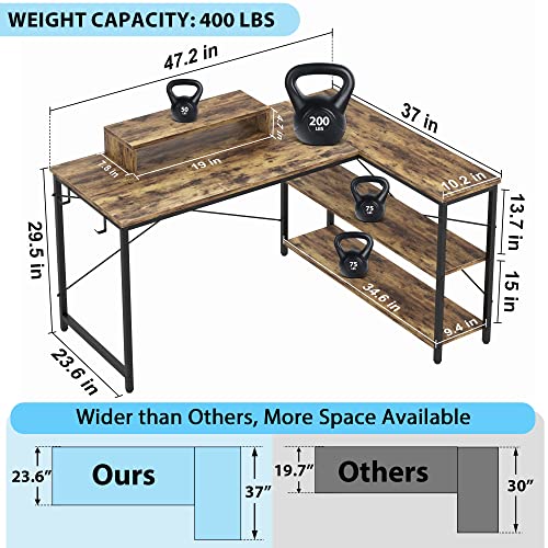 47 INCH L Shaped Computer Desk with Storage, Heavy Duty Home Office Desks with Monitor Stand, Corner Desk for Small Space Bedroom Study Writing Workstation PC Table, Easy to Assemble, Rustic Brown