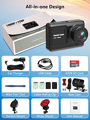 Dash Cam Front and Rear, Mini Dash Cam 1080P Full HD with 32GB SD Card, 2.45 inch IPS Screen, 2 Mounting Ways, Night Vision, WDR, Accident Lock, Loop Recording, Parking Monitor