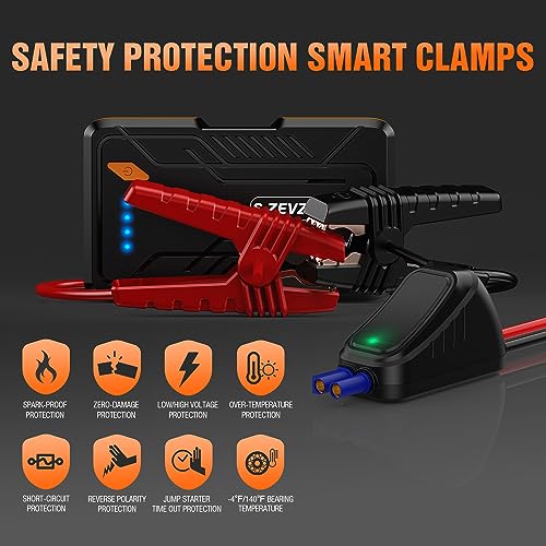 S ZEVZO Jump Starter 1000A Peak Portable Jump Starter for Car (Up to 7.0L Gas/5.5L Diesel Engine) 12V Auto Battery Booster Pack with Smart Clamp Cables, USB Charge, LED Flashlight Jump Box