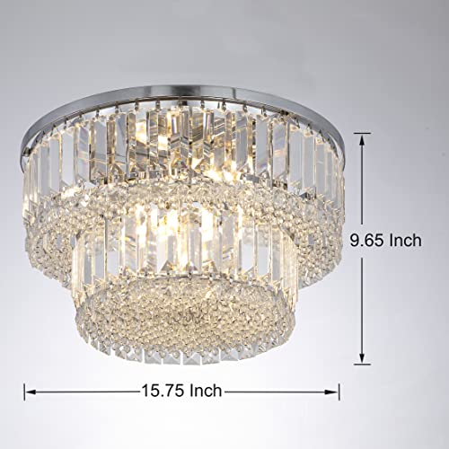 Berliget Chrome Crystal Flush Mount Chandelier, Modern Round Crystal Ceiling Light Fixture, Bling Silver Raindrop Ceiling Lamp for Closet Bedroom Living Room Dining Room, 2 Tier 6 Llight H10 x D16