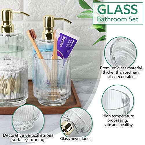 Bathroom Accessory Set,5 PCS Modern Premium Clear Glass Bath Accessories,Set of 2 Lotion Soap Dispensers,Toothbrush Holder,Qtip Holder & Acacia Wooden Tray,Gift for Home Decor & Countertop Organizer