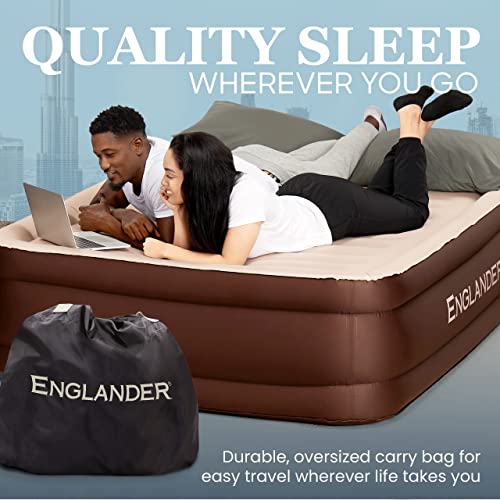 Englander Queen Air Mattress with Built in Pump Raised - Double High, 600 LB Weight Capacity - Luxury Size Camping Mattress - Blow Up Floor Bed for Home - Microfiber, Waterproof Airbed with Patch Kit
