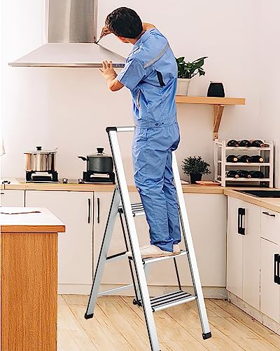 LANBITOU 3 Step Ladders for Home Step, Lightweight Folding 3 Step Stool with Wide Anti-Slip Pedal, 300lbs Sturdy Aluminum Ladder with Handrais, Portable Ladder, Step Ladder for Kitchen Household
