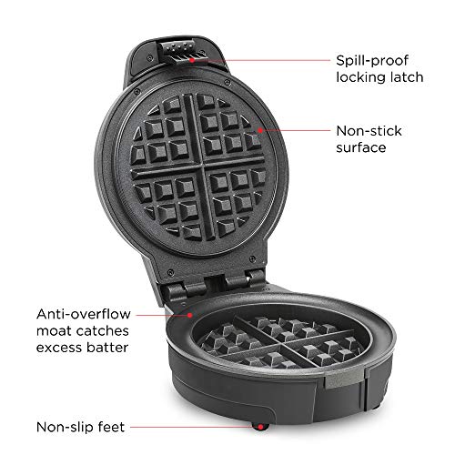 Chefman Anti-Overflow Belgian Waffle Maker w/Shade Selector, Temperature Control, Mess Free Moat, Round Iron w/Nonstick Plates & Cool Touch Handle, Measuring Cup Included, Black