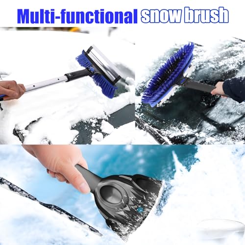TESSONO 55.7" Ice Scraper, Extendable Snow Brush and Snow Broom with Ergonomic Foam Grip for Car Windshield, 3-in-1 Car Snow Scraper with 270° Pivoting Brush Head for Car Windshield, Trucks, SUVs