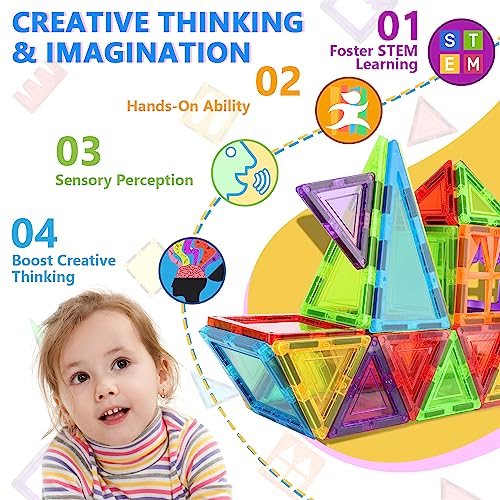 Magnetic Tiles for Kids Toys, STEM Magnetic Blocks Building Toys, Toddler Toys for Boys Age 3-4, Preschool Learning Educational Montessori Toys for 3+ Year Old, Christmas Birthday Gift for Toddlers
