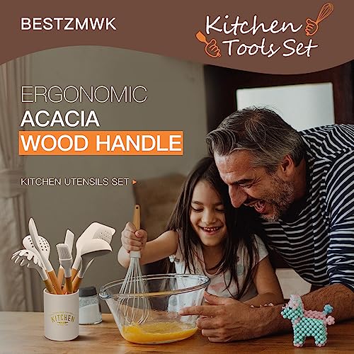 Kitchen Cooking Utensils Set, 14 Non-Stick Silicone Cooking Kitchen Utensils Spatula Set with Holder, Wooden Handle Silicone Kitchen Gadgets Utensil Set for Nonstick Cookware (Khaki)