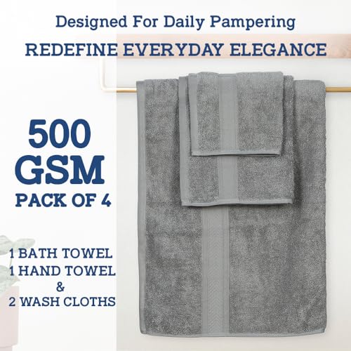 CASALINO Plush Collection Towel Set, Premium Quality 100% Pure Cotton, Highly Absorbent, Super Soft, Soft and Plush, (4 PCS Hand Towel Set, Silver)