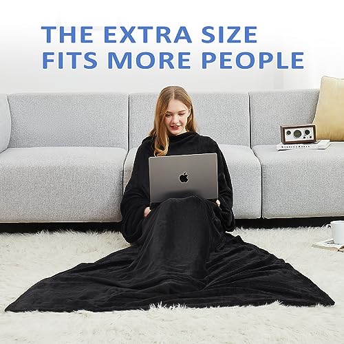 HOSUKKO Fleece blanket hoodie with Sleeves Pocket and Hat - Super Warm and Cozy Giant Blanket Hoodie - Thick Flannel Blanket - Black