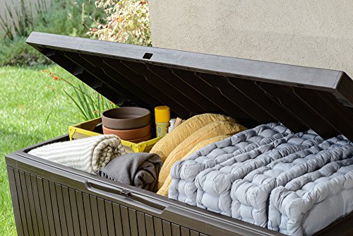Keter Springwood 80 Gallon Resin Outdoor Storage Box for Patio Furniture Cushions, Pool Toys, and Garden Tools with Handles, Brown