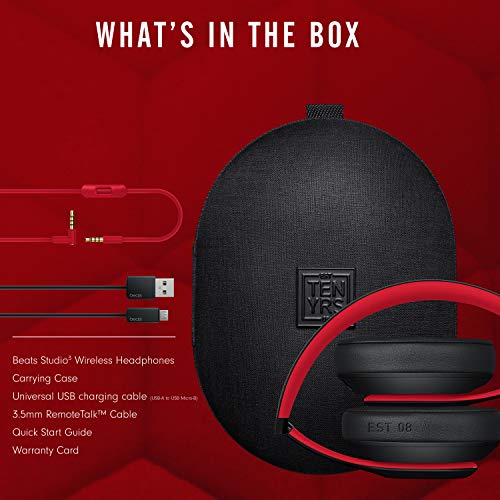 Beats Studio3 Wireless Noise Cancelling Over-Ear Headphones - Apple W1 Headphone Chip, Class 1 Bluetooth, 22 Hours of Listening Time, Built-in Microphone - Defiant Black-Red (Latest Model)