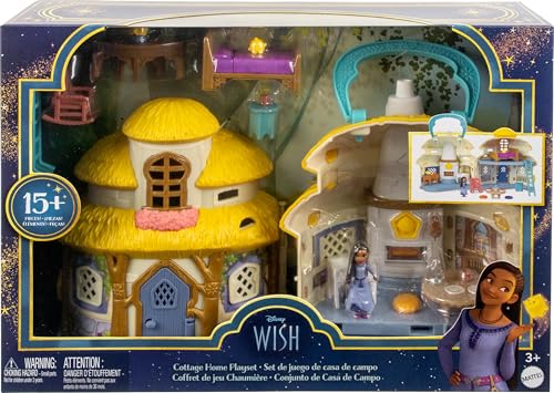 Mattel Disney Wish Mini Doll & Dollhouse Playset, Asha of Rosas Cottage with Micro Doll, Star Figure & 15+ Furniture & Accessories, Travel Toys