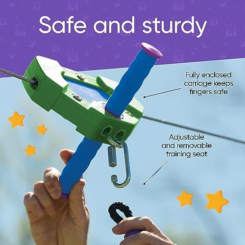 HearthSong 100-Foot Green Galvanized Steel Backyard Zipline Kit, Adjustable/Removable Seat, Rubber Brake for Safety, Non-Slip Handles, Fully Enclosed Carriage, 250 lbs., Ages 8 and Up
