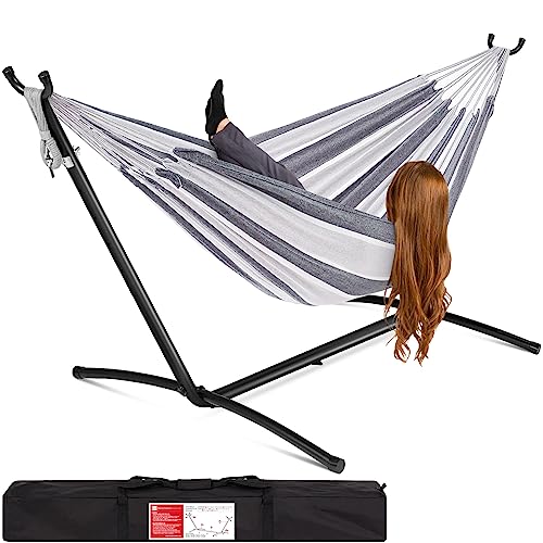 Best Choice Products 2-Person Double Hammock with Stand Set, Indoor Outdoor Brazilian-Style Cotton Bed for Backyard, Camping, Patio w/Carrying Bag, Steel Stand, 450lb Weight Capacity - Steel