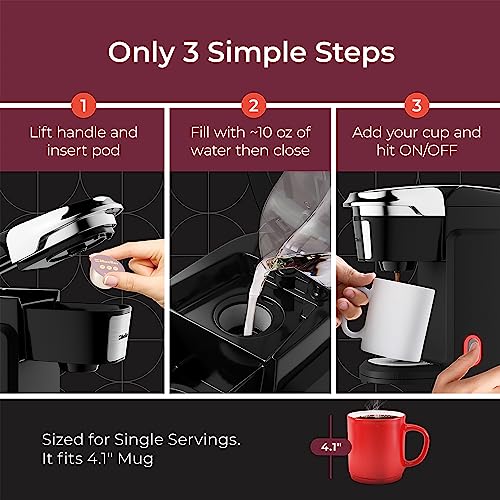 Mueller Single Serve Coffee Maker, Coffee Machine for Pod Coffee, 10 oz Water Tank, Quick Brewing, One Touch Operation, Compact for Home, Office, RV, Black