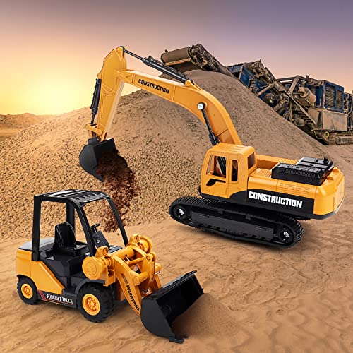 deAO Excavator Toys Set for Toddler Boys Friction Powered Push and Go Construction Truck Toy for Kids 3+ Engineering Vehicle Toys with Excavator & Bulldozer for Boys Girls Gifts