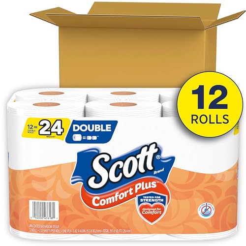 Scott ComfortPlus Toilet Paper, 12 Double Rolls, 231 Sheets per Roll, Septic-Safe, 1-Ply Toilet Tissue
