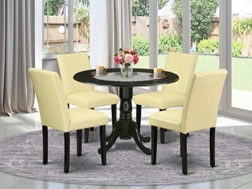 East West Furniture DLAB5-BLK-73 5 Piece Dining Table Set for 4 Includes a Round Kitchen Table with Dropleaf and 4 Eggnog Faux Leather Upholstered Chairs, 42x42 Inch, Black