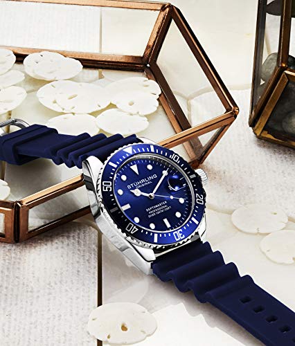 Stuhrling Original Men's Watch Dive Watch Blue 42 MM Silver Case with Screw Down Crown Rubber Strap Water Resistant to 330 FT (Blue)