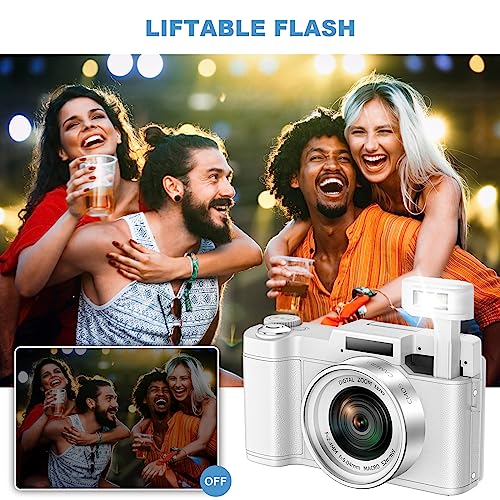 4K Digital Camera for Photography, Autofocus 48MP Vlogging Camera for YouTube with 16X Digital Zoom, White Camera, 3’’180°Flip Screen Compact Video Camera with Liftable Flash, SD Card&2 Batteries