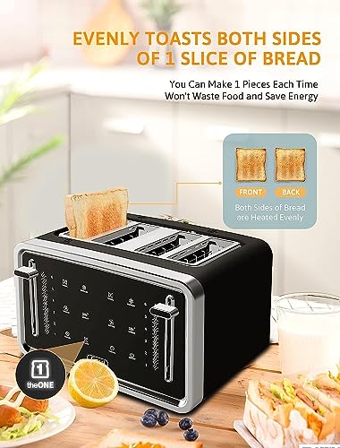 Gevi Toaster 4 Slice,Led Display Touchscreen Bagel Toaster with Dual Control Panels of Bagel/Reheat/Defrost/Cancel/Toasting One Slice/Longer Function,6 Shade Setting