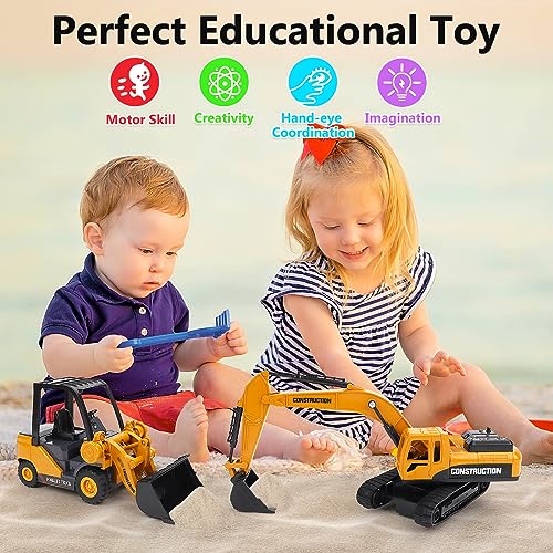 deAO Excavator Toys Set for Toddler Boys Friction Powered Push and Go Construction Truck Toy for Kids 3+ Engineering Vehicle Toys with Excavator & Bulldozer for Boys Girls Gifts