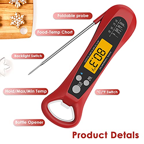 Instant Read Meat Thermometer for Cooking, Fast & Precise Digital Food Thermometer with Backlight, Magnet, Calibration, Foldable Probe, Waterproof Grill Thermometer for Deep Fry, BBQ, Roast Turkey